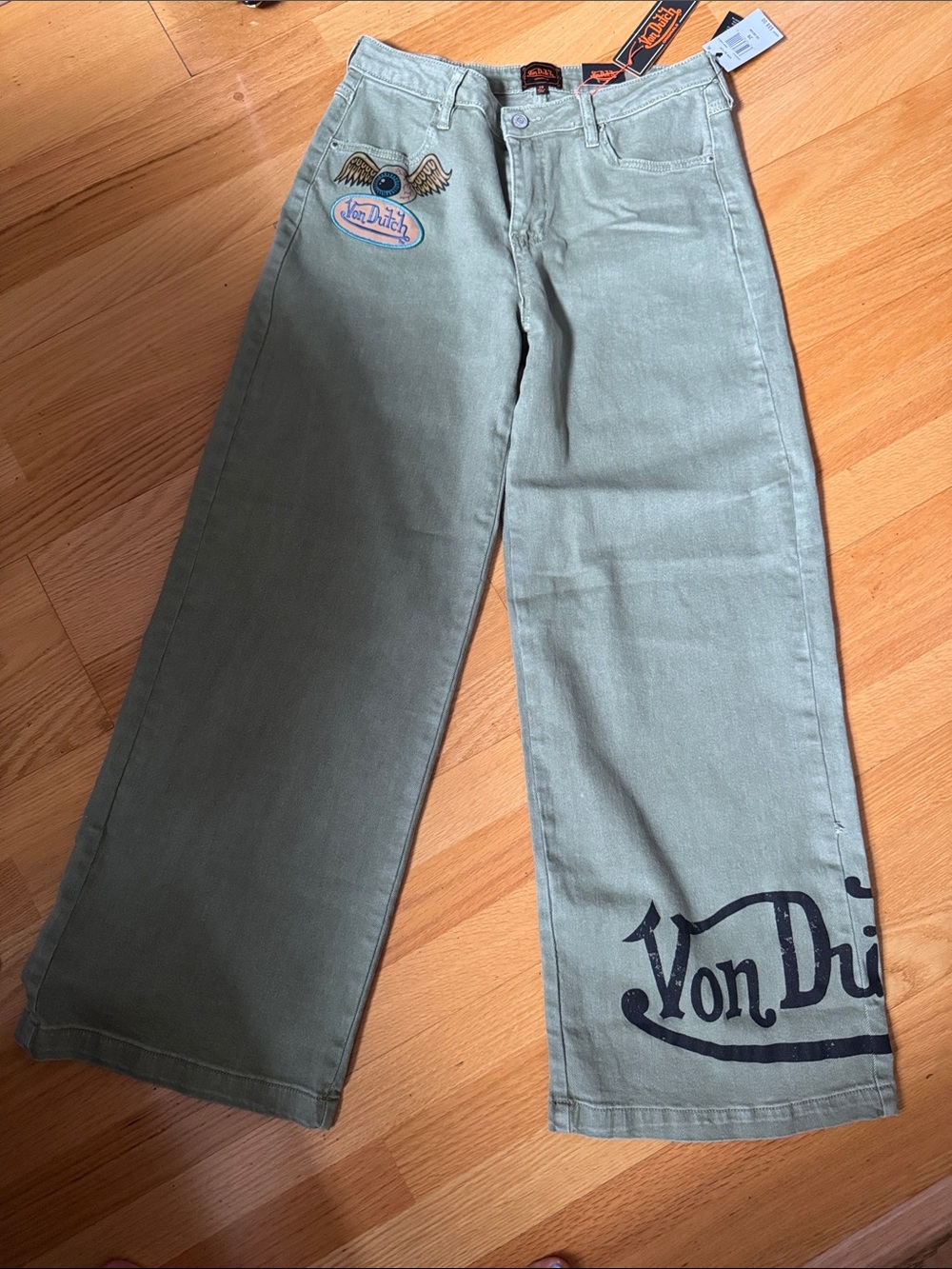 Von Dutch Sage Green Wide Leg Logo Pants